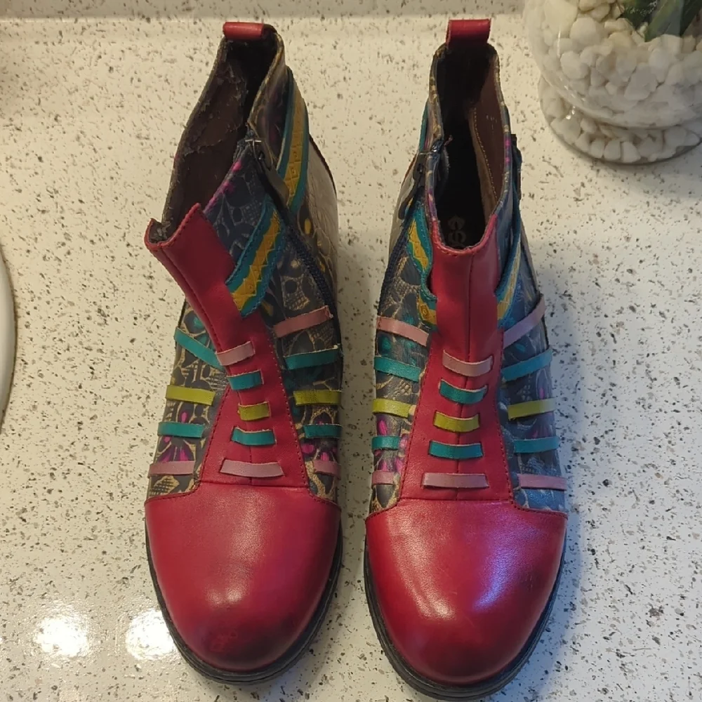 Floral Multicolor Red Leather Ankle Booties - Picture 2 of 6